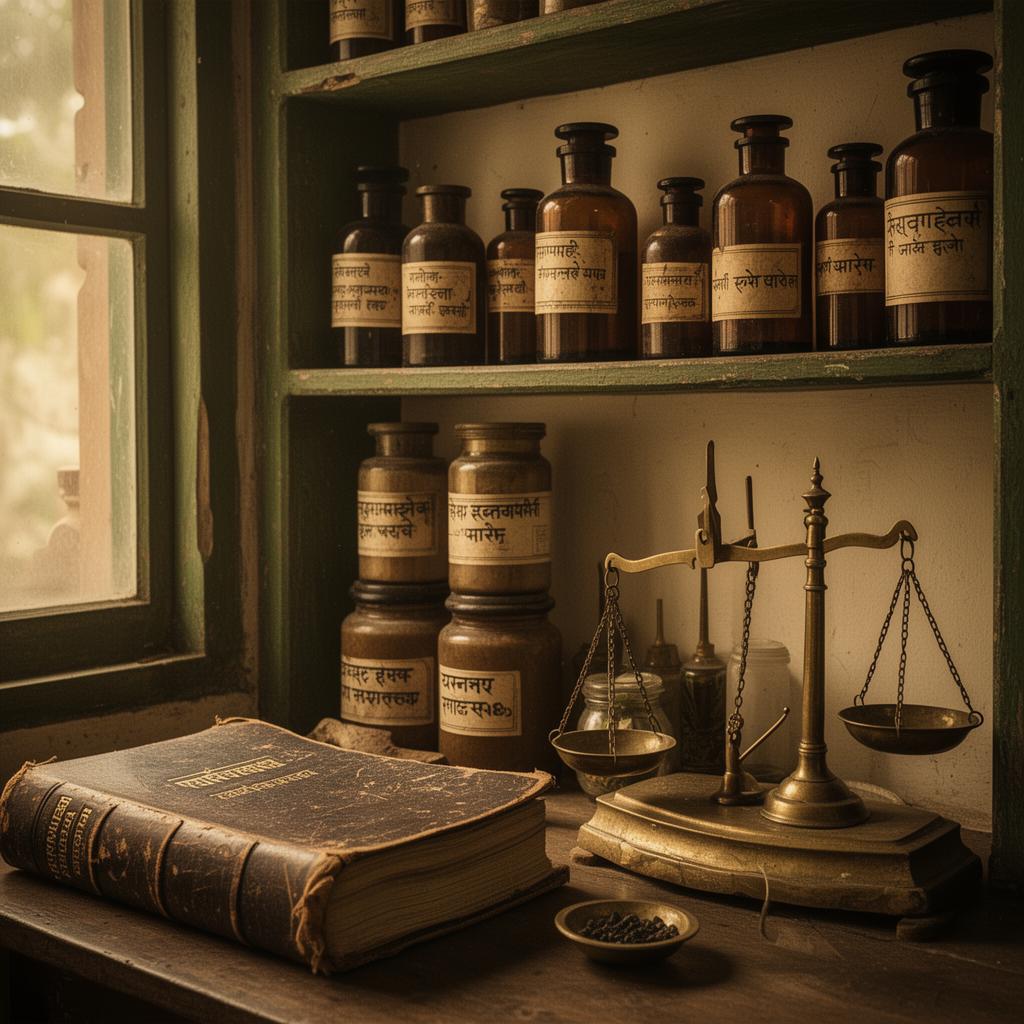 Vintage Ayurvedic apothecary shelf with brass scales and a leather-bound manuscript